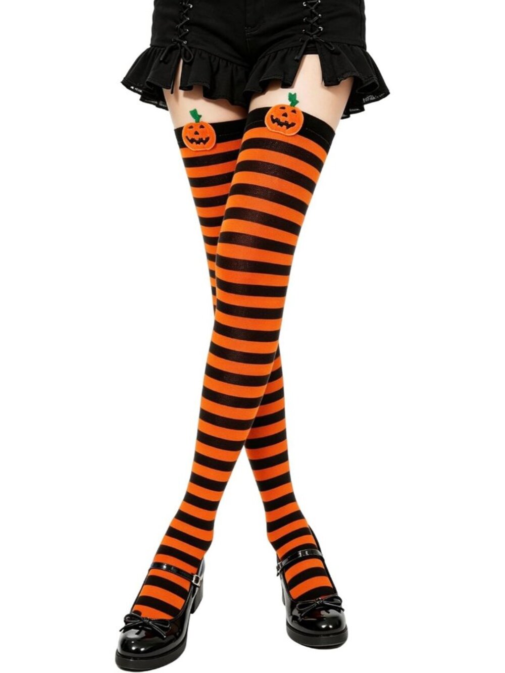 Women's Black Orange Pumpkin Striped Thigh High Over Knee Halloween Socks